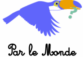 Logo Pélican bleu avec branche d'herbe dans le bec. En dessous il est écrit "Parle le Monde".